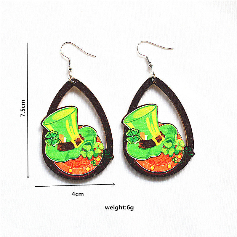 Wholesale St. Patrick's Day Shamrock Green Rainbow Gnome Wooden Earrings